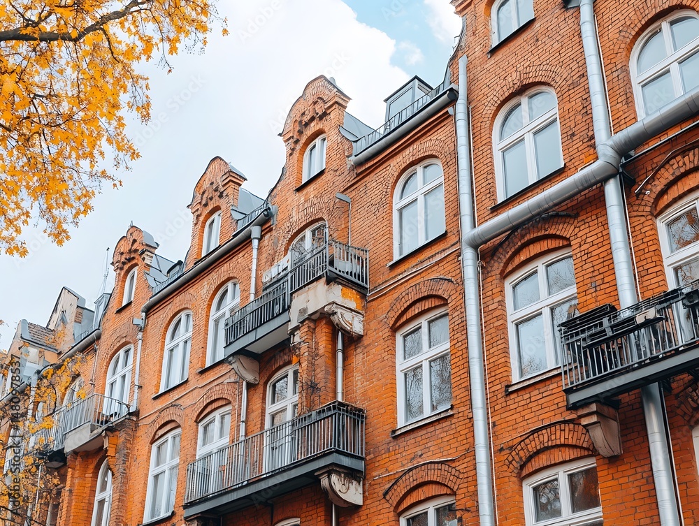 Fototapeta premium Autumnal Brick Building Facade with Balconies