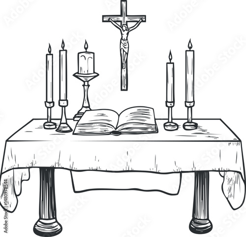 Black and white illustration of a Christian altar with candles, an open Bible, and a crucifix on the wall.
