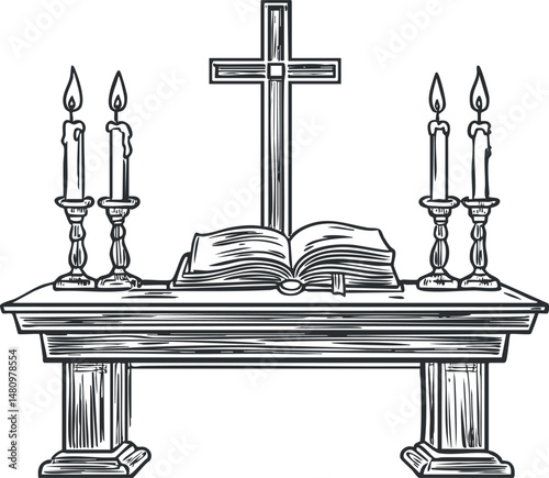 Black and white illustration of a church altar with a cross, open Bible, and four lit candles on candleholders.