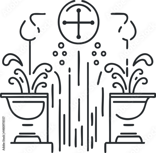 Line art illustration of a decorative outdoor water fountain with splashing water sprays and circular symbol above.