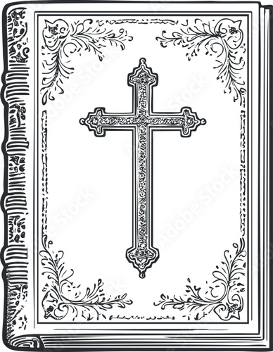 Illustration of a vintage religious book cover featuring an ornate cross and decorative floral patterns