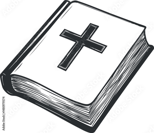 Black and white illustration of a closed Bible with a cross on the cover, symbolizing Christianity and religious faith.