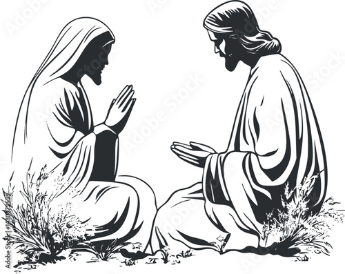 Black and white illustration of Jesus and Mary kneeling and praying in a serene religious scene.