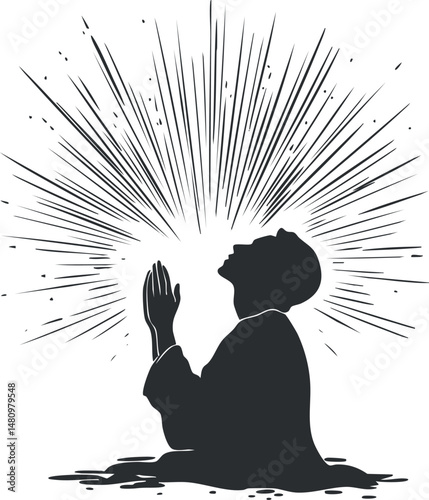 Silhouette of a man praying with hands together surrounded by radiant light rays symbolizing spirituality and devotion
