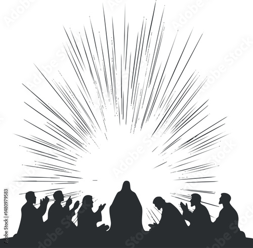 Silhouette illustration of Jesus and apostles sitting with radiant light rays symbolizing holiness and spirituality.