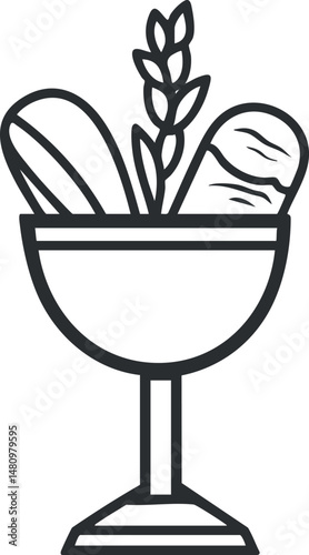 Black line icon of bread loaves and wheat stalk in a bowl representing bakery and grain food