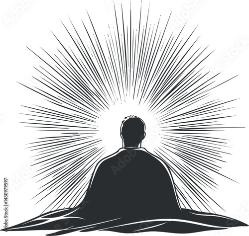 Silhouette of a man meditating with radiant light rays symbolizing spiritual energy and inner peace