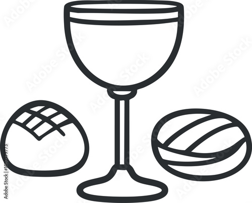 Line art illustration of a communion chalice with two pieces of bread symbolizing Christian Eucharist ceremony