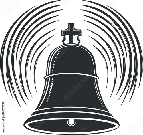Vintage black and white illustration of a ringing church bell with a cross on top and sound waves