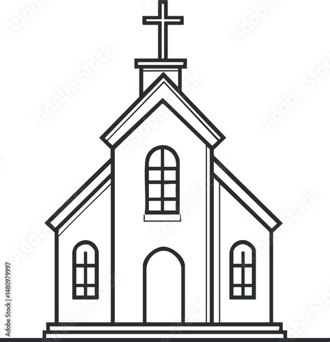 Black and white line illustration of a church building with a cross on top and arched windows