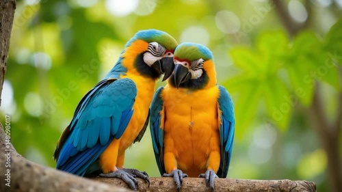 Colorful macaw parrots sitting side by side on branch in lush jungle, tropical bird couple 4K, motion, funny animals, exotic wildlife in love