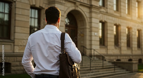A Man Walking Towards a Building with Light Shining on it during Daytime