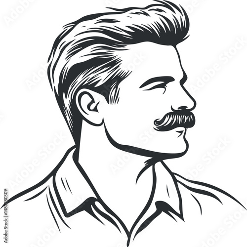 Black and white illustration of a young man with a mustache in profile view, showing stylish hair and confident expression