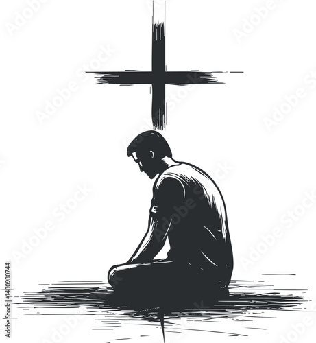 Black and white silhouette of a man sitting and praying under a cross symbol representing faith and spirituality