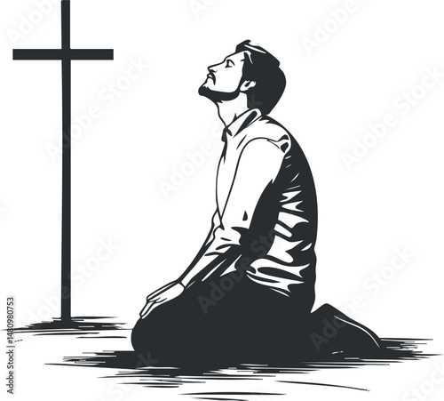 Man kneeling in prayer facing a cross symbolizing faith and devotion in a spiritual moment