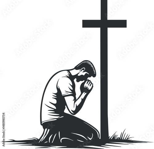 Silhouette of a man kneeling and praying in front of a cross symbolizing faith and devotion in Christianity.