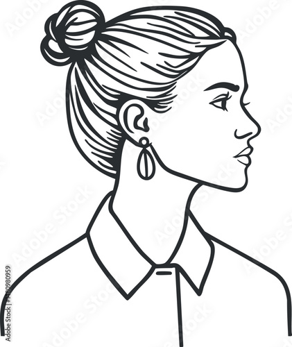 Line art illustration of a woman in profile with hair in a bun and wearing earrings