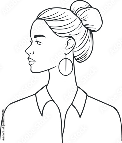 Line art illustration of a young woman in profile with hair bun and large earrings wearing a collared shirt
