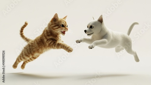 Two playful animals leap in the air