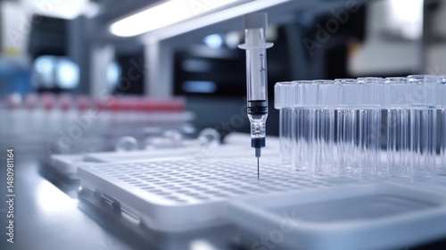 Medical syringe positioned over a laboratory sample tray.