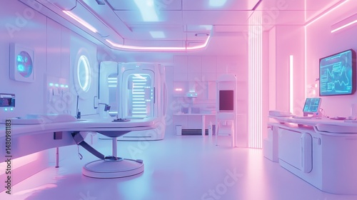 Futuristic, sterile medical clinic interior with vibrant pink and blue lighting.  Modern, clean, and technological medical equipment and furniture are showcased.  A sleek, futuristic design.
