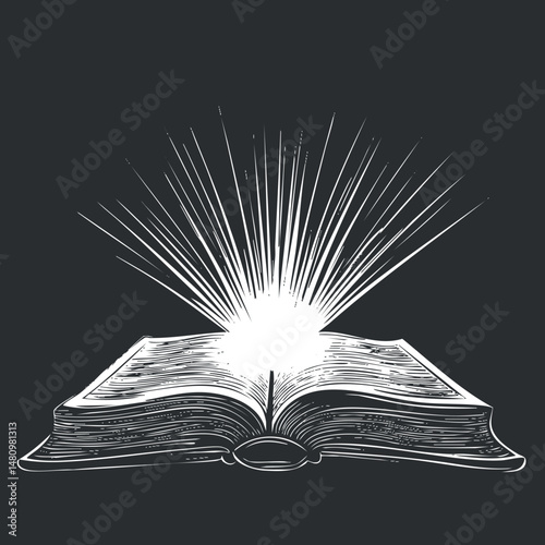 Open book with glowing magical light rays illustrating knowledge and mystical wisdom concept