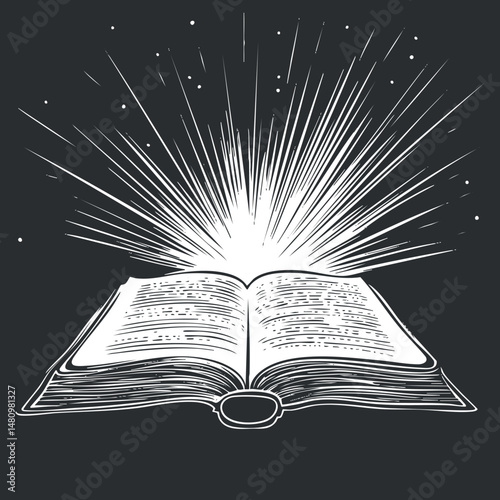 Illustration of an open book emitting bright magical rays of light symbolizing knowledge and enlightenment