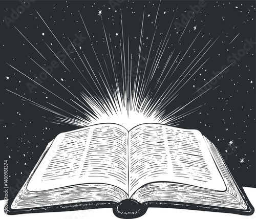 Open book emitting radiant light with stars in the dark sky background symbolizing knowledge and wisdom