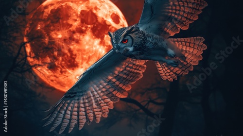 Owl soars near blood moon