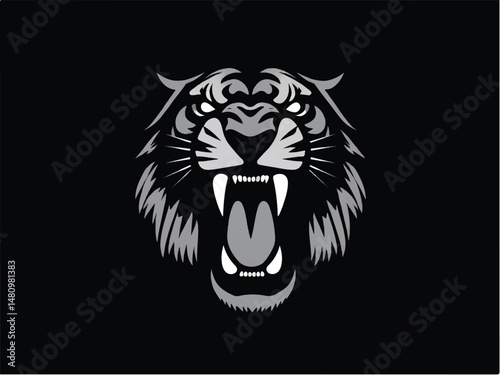 Roaring lion head silhouette isolated on black background. Lion logo design. Vector illustration. 