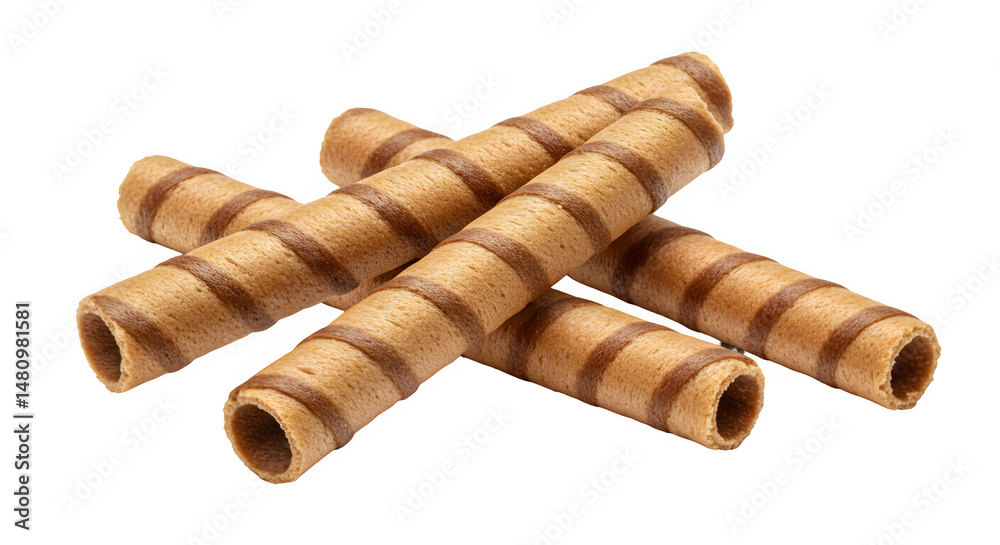 Wafer Rolls Isolated on White Background, Sweet Chocolate Wafer Rolls on white background, Striped Chocolate Wafer Sticks on white background Wafer Rolls Isolated on White Background, Sweet Chocolate Wafer Rolls on white background, Striped Chocolate Wafer Sticks on white background