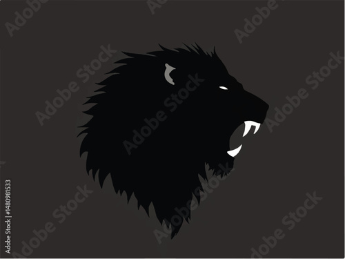 Roaring lion head silhouette isolated on black background. Lion logo design. Vector illustration.  photo