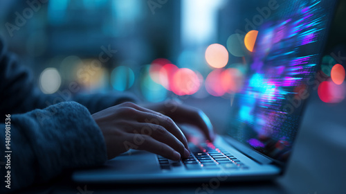 Close-up of hands typing on laptop keyboard at night, colorful blurred city lights in background, representing late-night work, coding, or digital technology