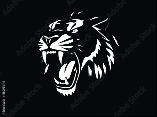 Roaring lion head silhouette isolated on black background. Lion logo design. Vector illustration. 