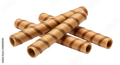 Wafer Rolls Isolated on White Background, Sweet Chocolate Wafer Rolls on white background, Striped Chocolate Wafer Sticks on white background