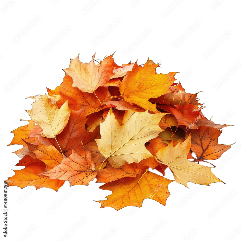 Fototapeta premium A Pile Of Autumn Leaves In Various Shades Of Brown Orange And Yellow Against A Transparent Background