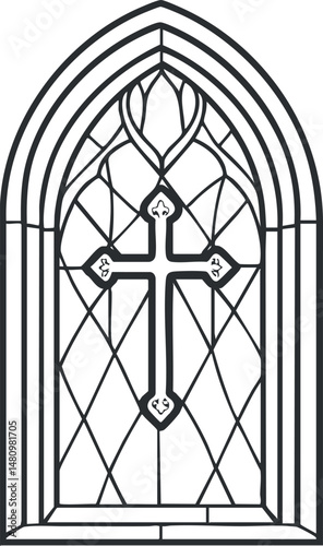 Black and white vector illustration of a gothic stained glass window with a cross symbol in the center