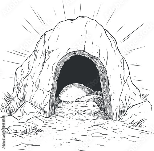 Hand-drawn illustration of an empty ancient stone tomb cave entrance with a large rounded stone inside
