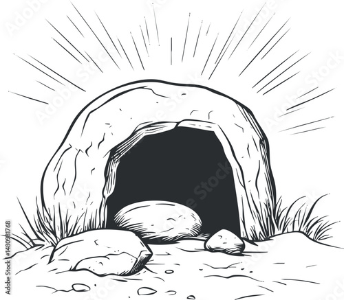 Black and white sketch of a natural rocky cave entrance with surrounding stones and grass outdoors