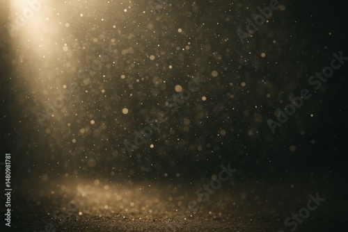 Airborne dust particles float in a beam of warm light in a dark space, creating a magical, dreamy atmosphere with glowing bokeh.