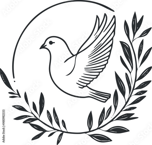Minimalist black line art of a flying dove surrounded by olive branches symbolizing peace and freedom