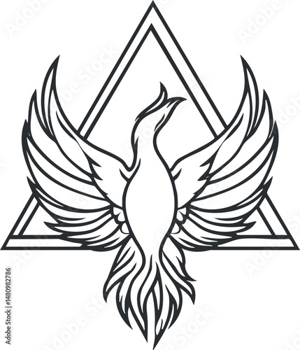 Black and white line art of a phoenix bird with outstretched wings in front of a double triangle symbol