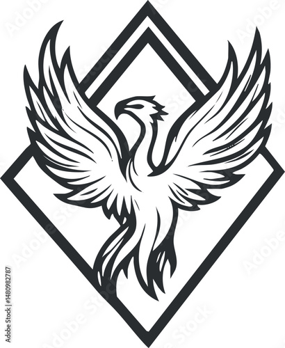 Black and white phoenix bird emblem with outstretched wings inside a diamond frame symbolizing rebirth and power