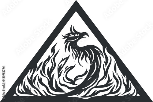 Black and white tribal phoenix design inside a triangle symbolizing rebirth and fire flames