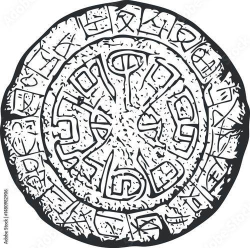 Ancient circular stone carving with mysterious symbols and glyphs in black and white design