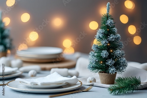 Miniature Christmas tree with lights on festive dinner table  