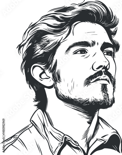 Black and white vector illustration of a young man with beard and mustache looking confidently to the side