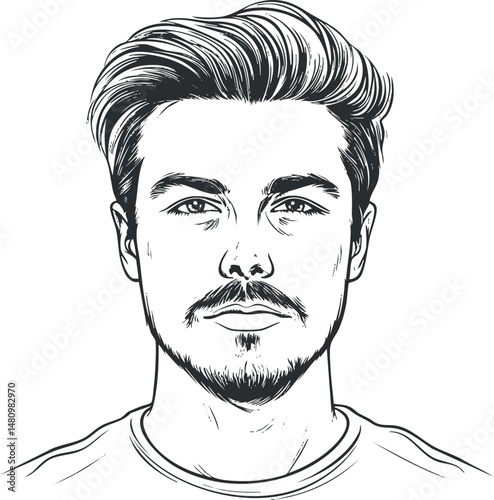 Black and white line drawing of a young man with styled hair and facial hair looking confidently forward