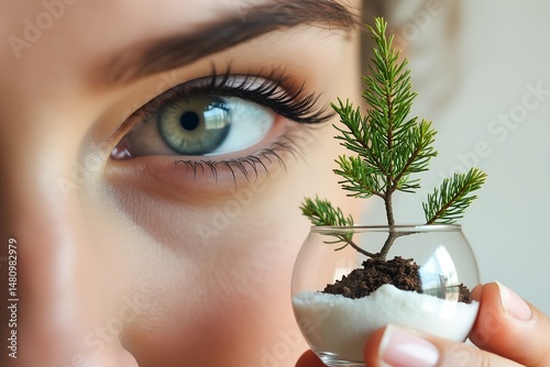 Woman holding a small plant in a glass cup close to her eye  