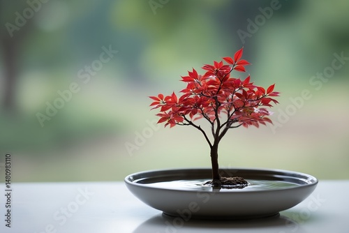 Red bonsai tree in a round pot on a table with green background  